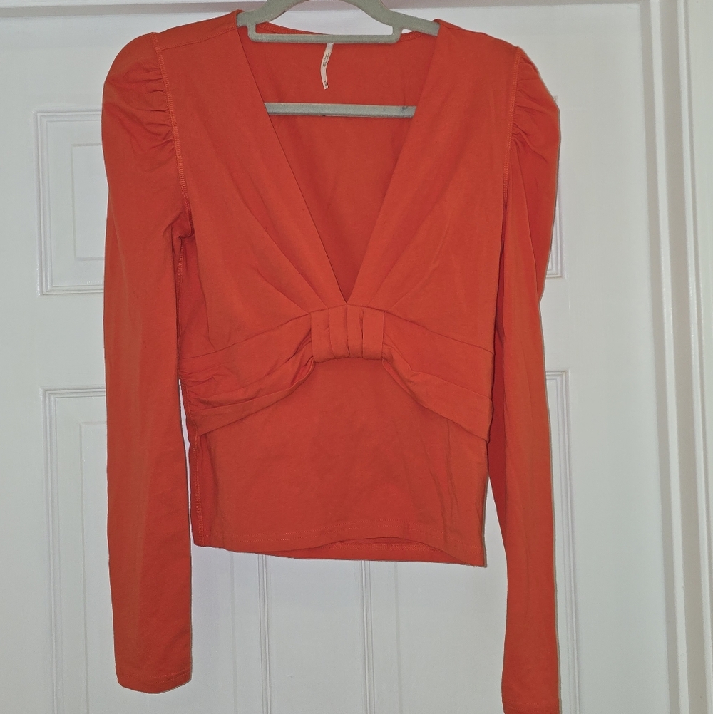 Free People Deep V Knot-Front Long Sleeve Top - Orange
